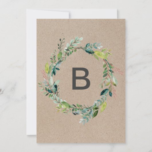Kraft Foliage met Monogram Wreath Backing Wedding Kaart (Achterkant)