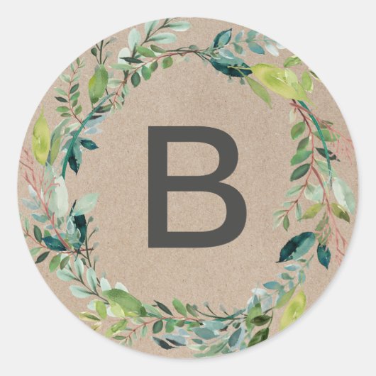 Kraft Foliage Wreater Monogram Envelope Seals Ronde Sticker (Voorkant)