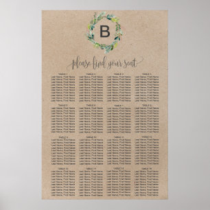 Kraft Foliage Wreater Monogram Seating Chart Poster