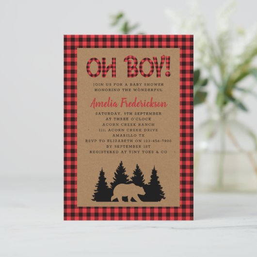 Kraft geruit O jongen Rustic Baby Shower Kaart (Staand voorkant)