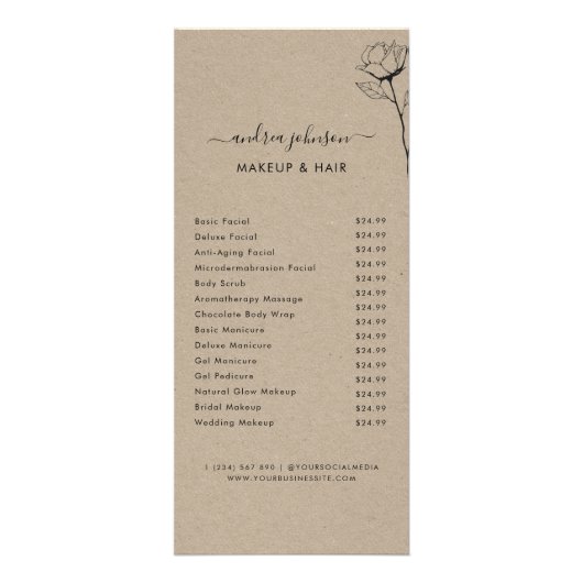 Kraft & Getekende Roos Bloemenservice Menu Prijsli (Voorkant)