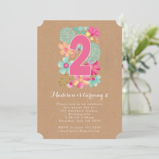 Kraft Girls Floral 2e verjaardag party Invite Kaart (Staand voorkant)