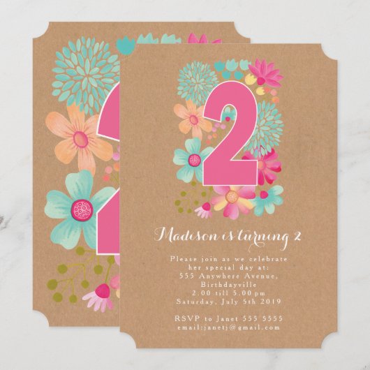 Kraft Girls Floral 2e verjaardag party Invite Kaart (Voorkant / Achterkant)