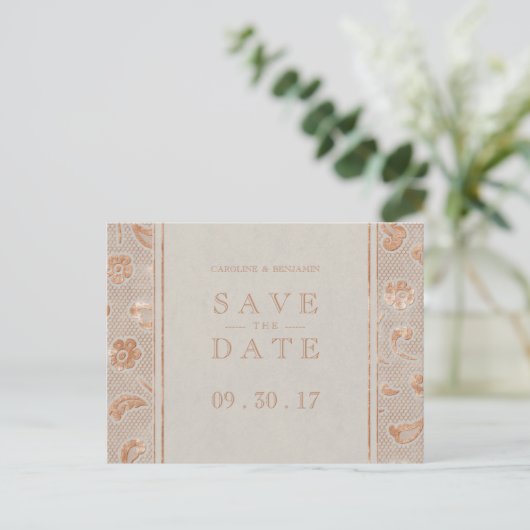 Kraft gold Lace rustic bruiloft met behoud van dat Aankondigingskaart (Staand voorkant)