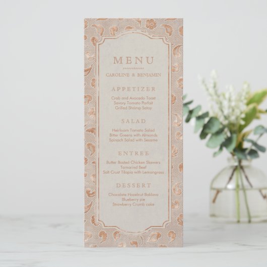 Kraft gold Lace rustic country bruiloft menu (Staand voorkant)