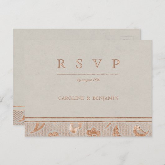 Kraft gold Lace Rustic country bruiloft RSVP Uitnodiging Briefkaart (Voorkant / Achterkant)