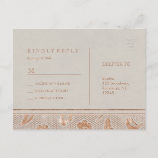 Kraft gold Lace Rustic country bruiloft RSVP Uitnodiging Briefkaart (Achterkant)