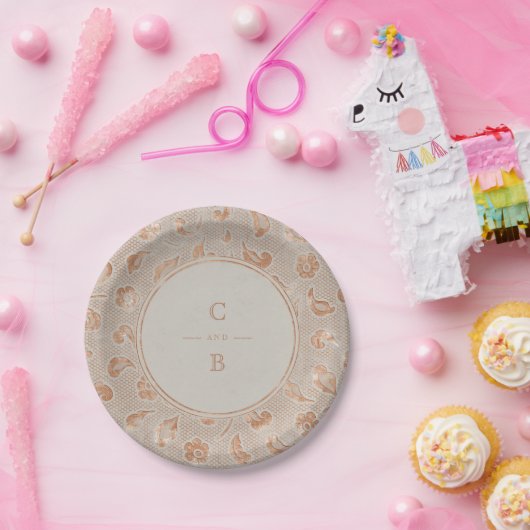 Kraft gold Lace rustige country bruiloft monogram Papieren Bordje (Feest)