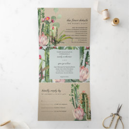 KRAFT GRAY FLORAL CACTI FOLIAGE WATERVERF WEDDING DRIELUIK UITNODIGING