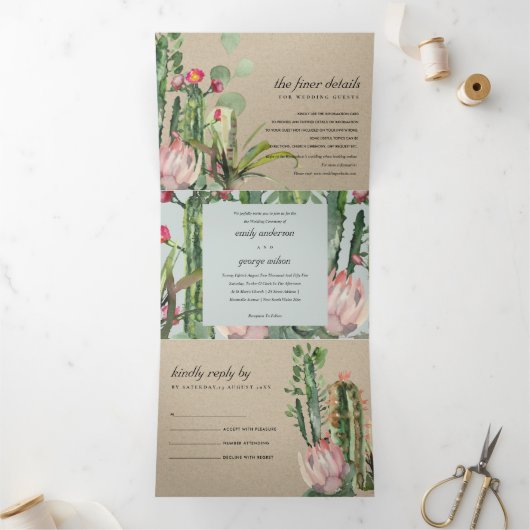 KRAFT GRAY FLORAL CACTI FOLIAGE WATERVERF WEDDING DRIELUIK UITNODIGING (Binnen)