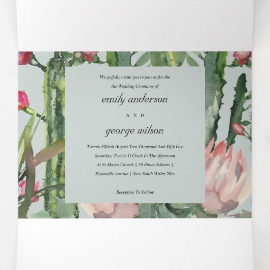 KRAFT GRAY FLORAL CACTI FOLIAGE WATERVERF WEDDING DRIELUIK UITNODIGING (Binnenkant midden)
