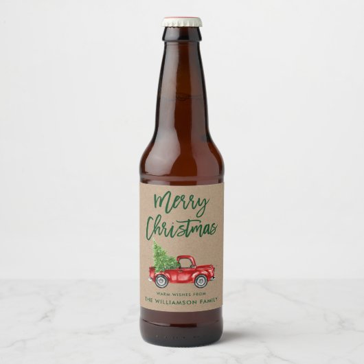 Kraft Green Brush Script Kerstmis Truck Bier Etiket (Voorkant)