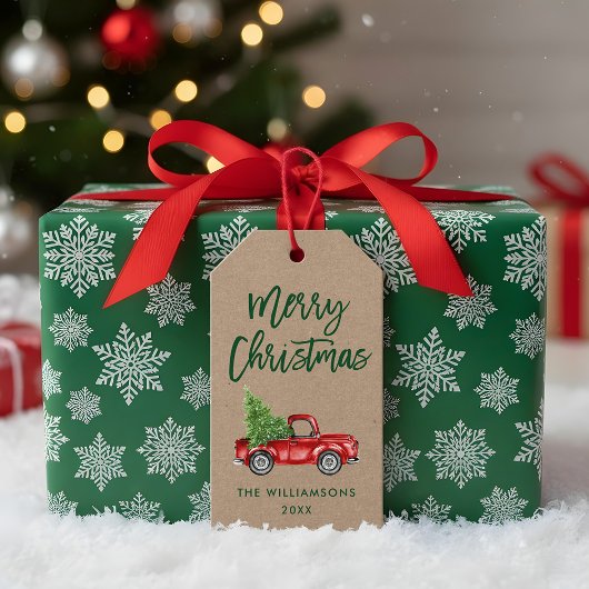 Kraft Green Brush Script Kerstmis Truck Cadeaulabel