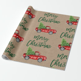 Kraft Green Brush Script Kerstmis  Truck Cadeaupapier