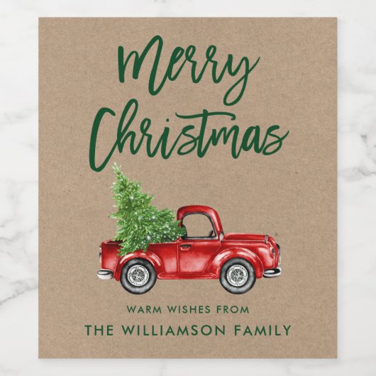 Kraft Green Brush Script Kerstmis  Truck Wijn Etiket (Enkel label)