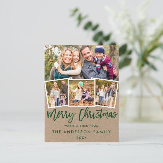 Kraft Green Brush Script Merry Kerstmis 4 Foto Briefkaart (Staand voorkant)