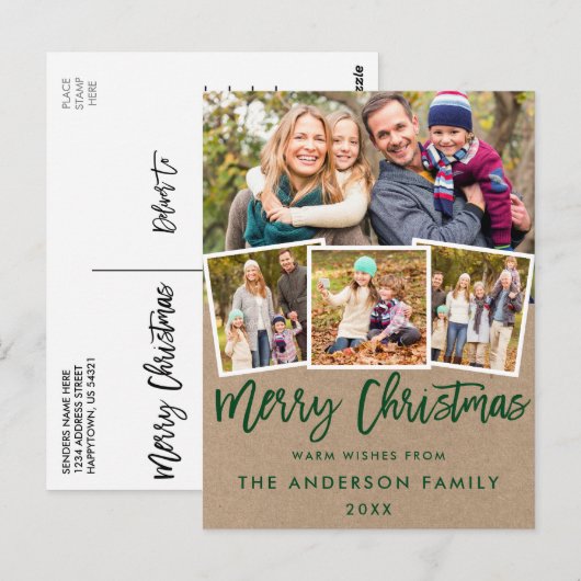 Kraft Green Brush Script Merry Kerstmis 4 Foto Briefkaart (Voorkant / Achterkant)