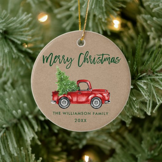 Kraft Green Brush Script  Red Truck Keramisch Ornament (Boom)