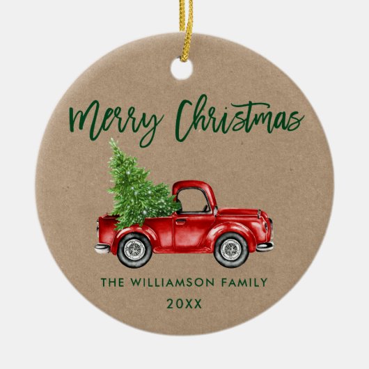 Kraft Green Brush Script  Red Truck Keramisch Ornament (Voorkant)