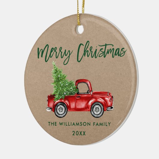 Kraft Green Brush Script  Red Truck Keramisch Ornament (Links)