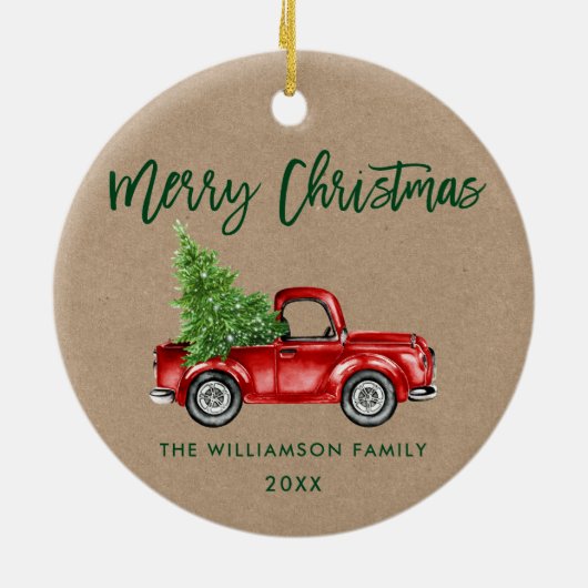 Kraft Green Brush Script  Red Truck Keramisch Ornament (Achterkant)