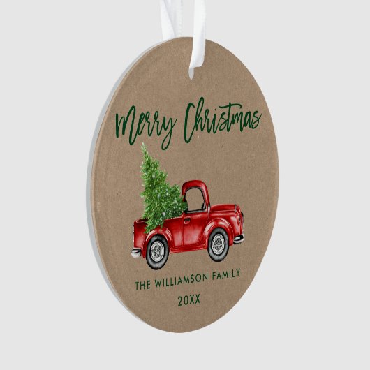 Kraft Green Brush Script  Red Truck Ornament (voorkant)