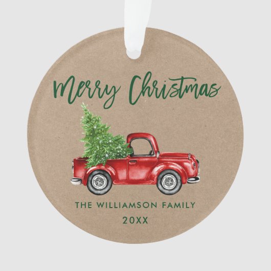 Kraft Green Brush Script  Red Truck Ornament (voorkant)