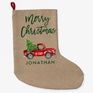Kraft Green Brush Script  Red Truck Tree Grote Kerstsok