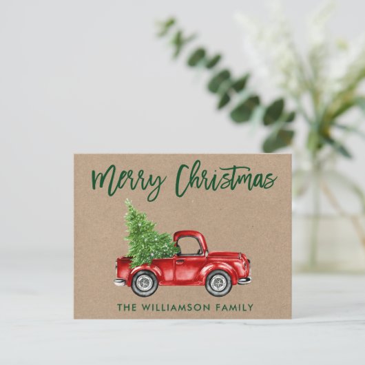Kraft Green Brush Script  Truck Kerstmis Briefkaart (Staand voorkant)