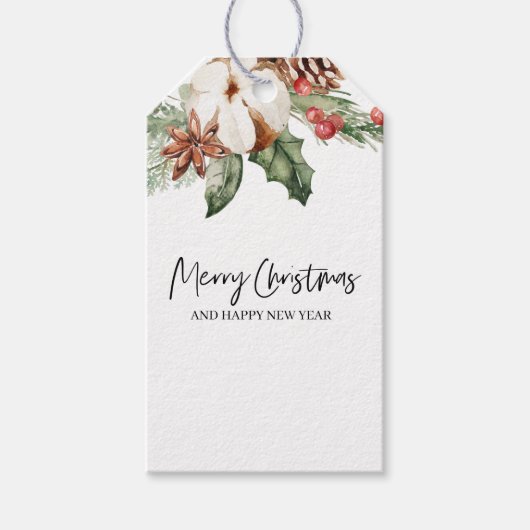 Kraft Green Winter Flower & Pine Merry Kerstmis Cadeaulabel (Voorkant)