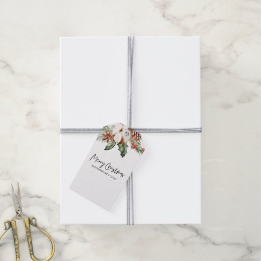 Kraft Green Winter Flower & Pine Merry Kerstmis Cadeaulabel (Met Touw)