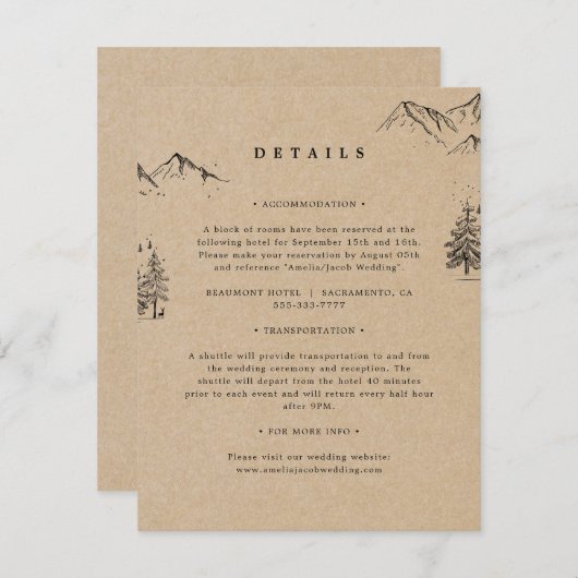 Kraft Hand-getrokken bergen dennen bruiloft detail Informatiekaartje (Voorkant / Achterkant)