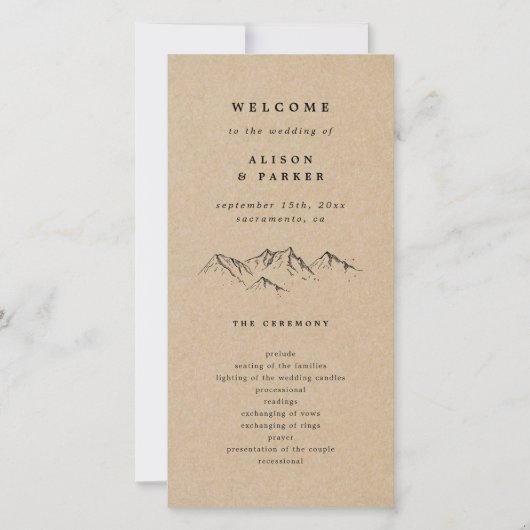 Kraft Hand-getrokken Bergen Pines bruiloft program (Voorkant)