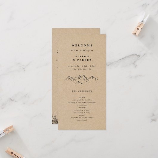 Kraft Hand-getrokken Bergen Pines bruiloft program (Voorkant / Achterkant in situ)