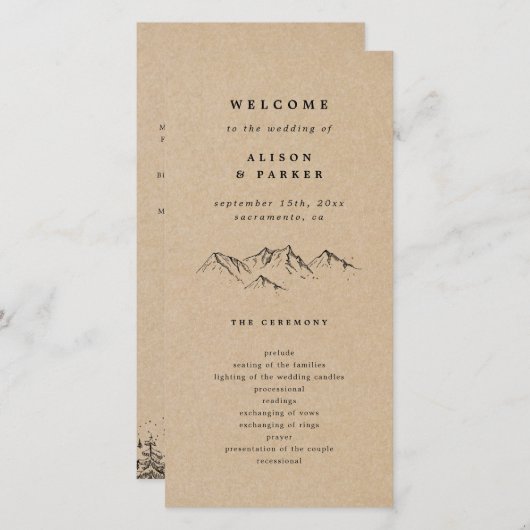 Kraft Hand-getrokken Bergen Pines bruiloft program (Voorkant / Achterkant)