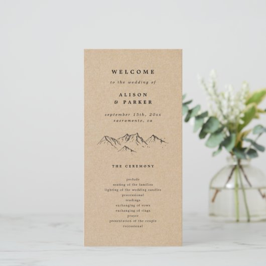 Kraft Hand-getrokken Bergen Pines bruiloft program (Staand voorkant)