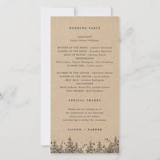 Kraft Hand-getrokken Bergen Pines bruiloft program (Achterkant)