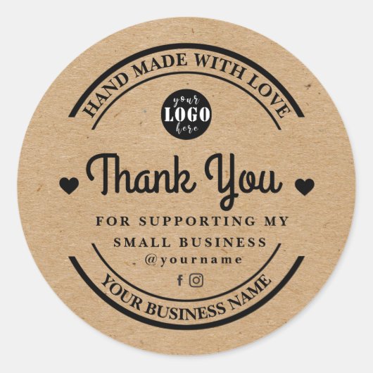 Kraft handgemaakt met liefde | Dank u sticker (Voorkant)