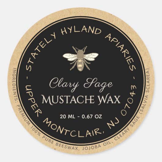 Kraft handgeschreven bijenwas productlabel Zwart Ronde Sticker (Voorkant)