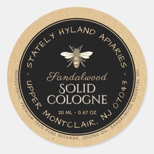 Kraft handgeschreven bijenwas productlabel Zwart Ronde Sticker (Voorkant)