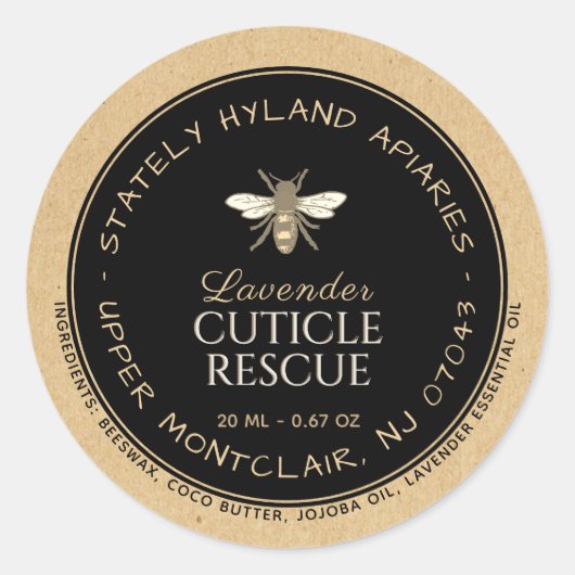 Kraft handgeschreven bijenwas productlabel Zwarte  Ronde Sticker (Voorkant)