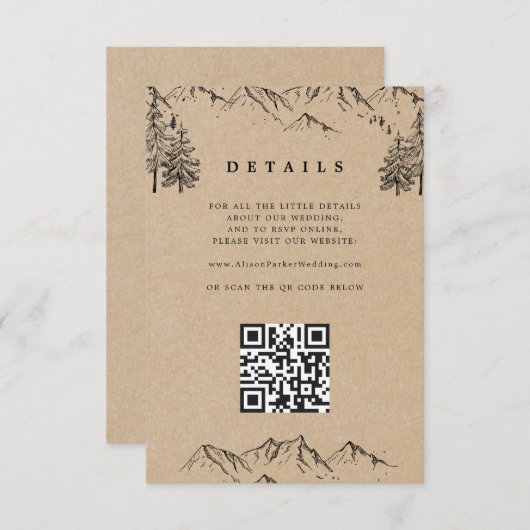 Kraft handgetekende bergen QR Huwelijksdetails Informatiekaartje (Voorkant / Achterkant)