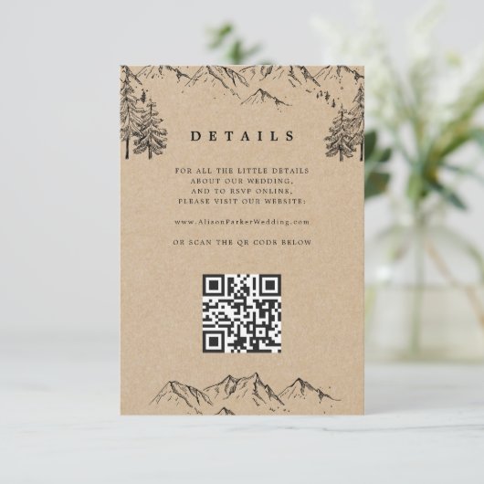 Kraft handgetekende bergen QR Huwelijksdetails Informatiekaartje (Staand voorkant)