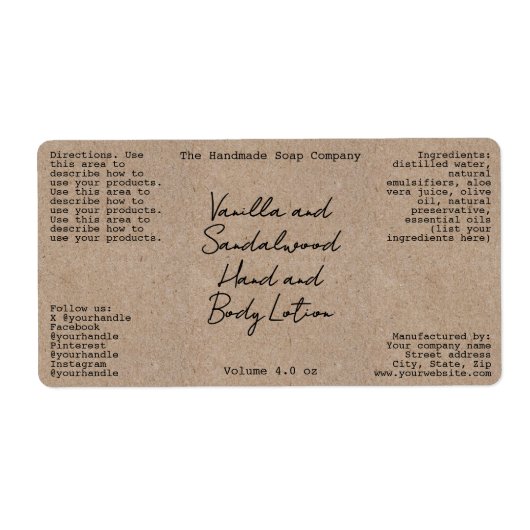 Kraft Handwritten Look Cosmetics Bottle Label (Voorkant)