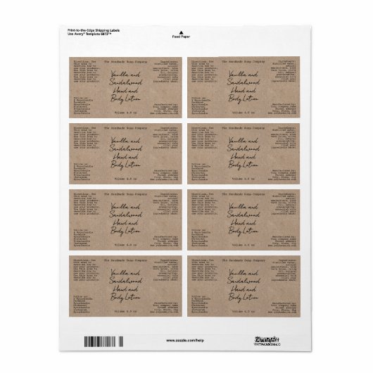 Kraft Handwritten Look Cosmetics Bottle Label (Full Sheet)