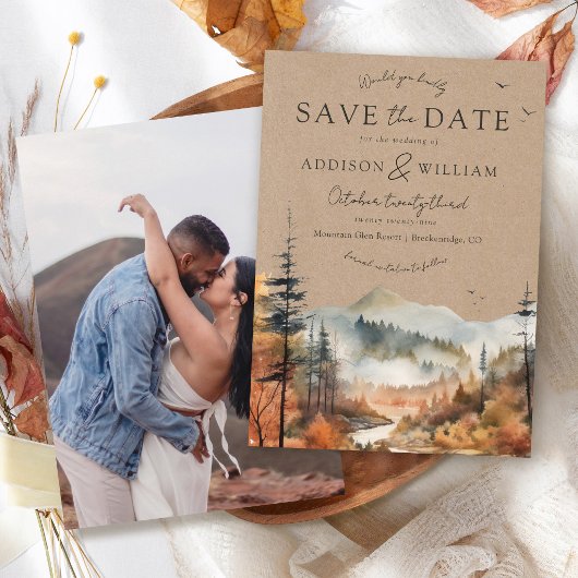 Kraft Herfst Aquarel Berg Boho Foto Bruiloft Save The Date