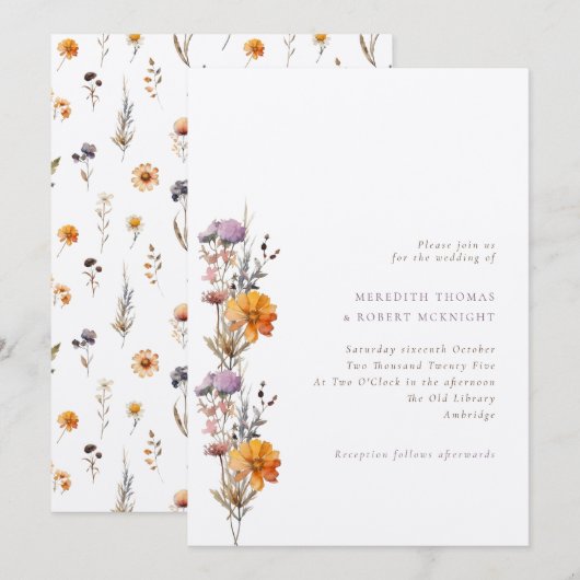 Kraft Herfst Sinaasappel & Paarse Wildflowers Wedd Kaart (Voorkant / Achterkant)