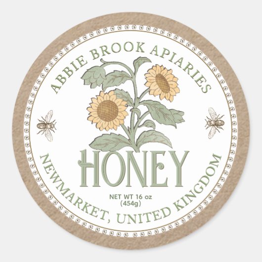 Kraft Honey Jar Label  Zonnebloem en Bijen (Voorkant)