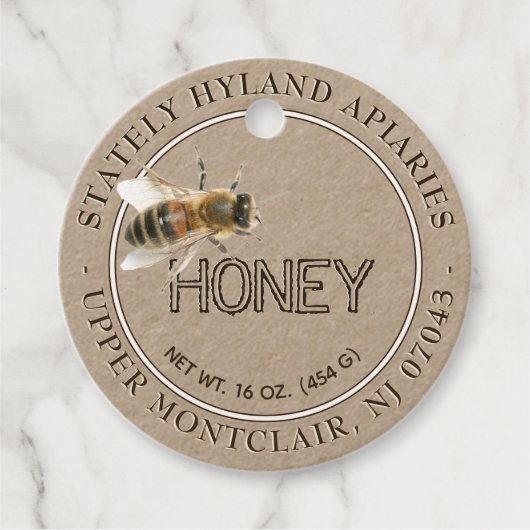 Kraft Honey Jar Neck label met Realistic Honeybee (Voorkant)