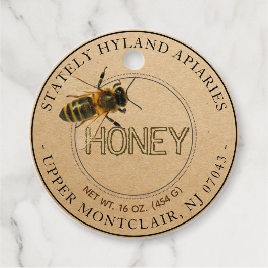 Kraft Honey Jar Neck label met Realistic Honeybee (Voorkant)